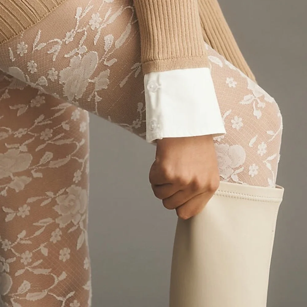New ANTHROPOLOGIE Tulle Rossette Lace Floral Tights Cream / White Small